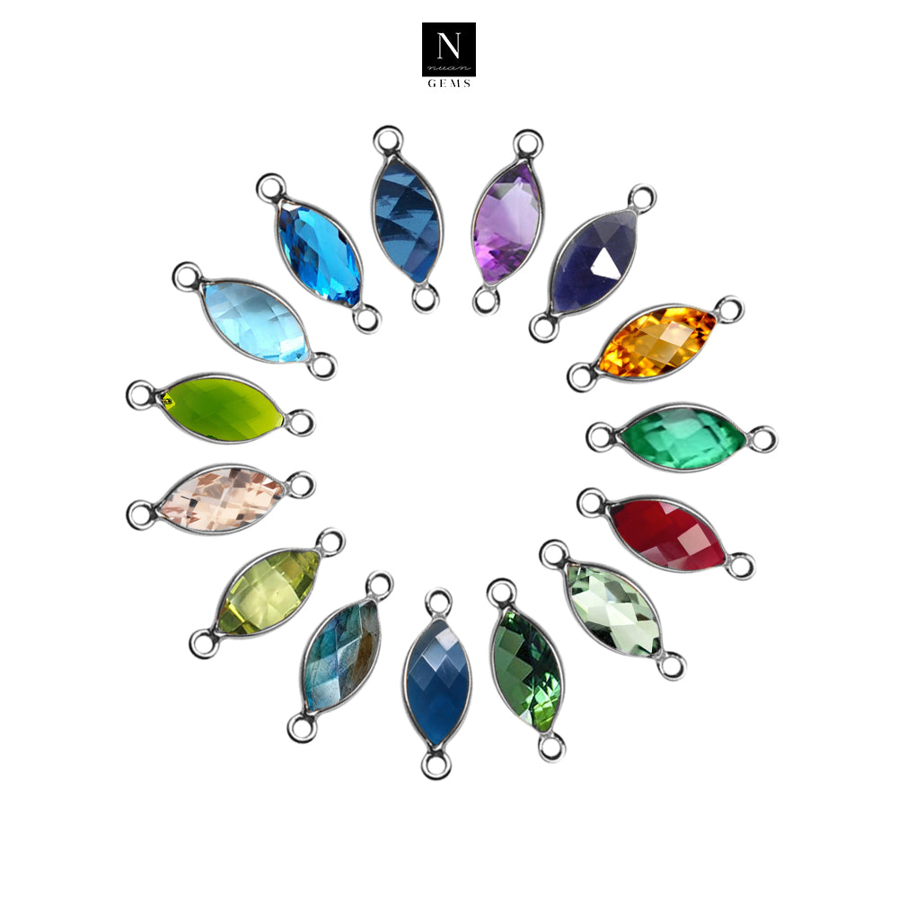 10pc Set Marquise Shape Birthstone Double Bail Silver Plated Bezel Link Gemstone Connectors 14x18mm