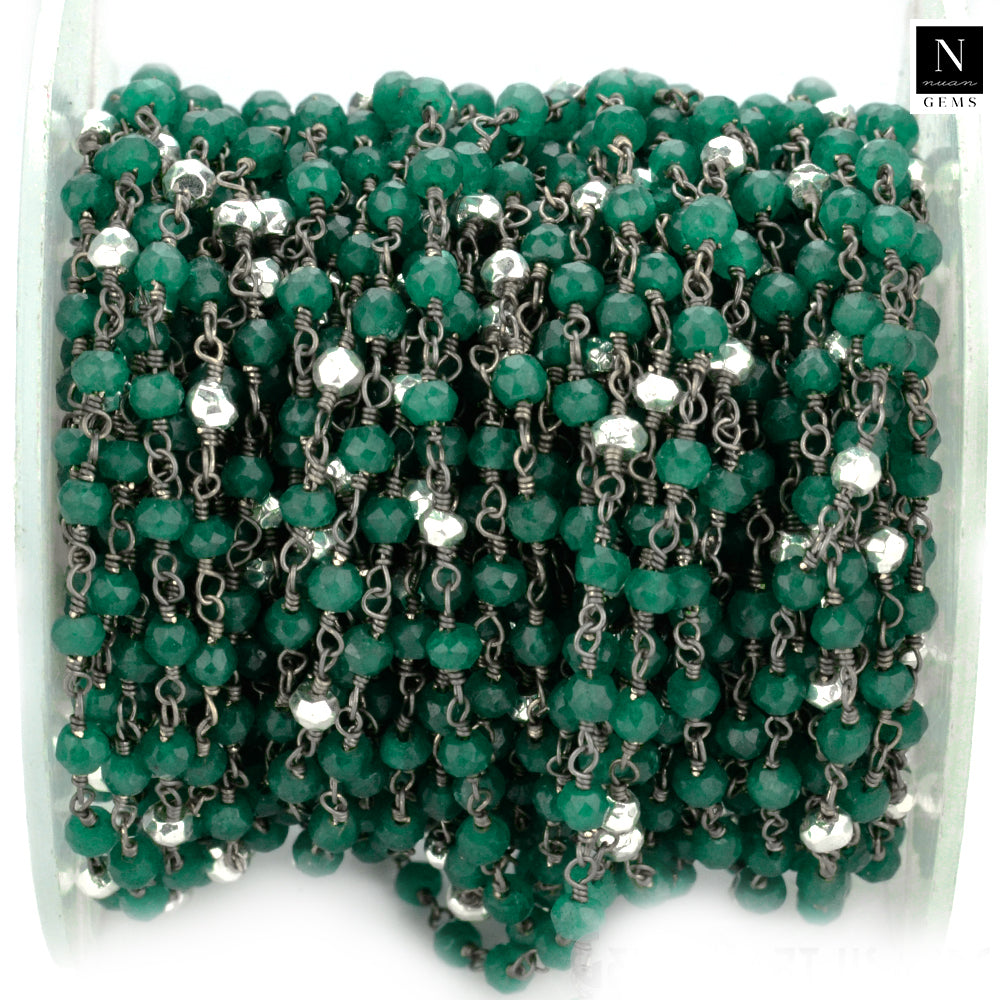 Green Onyx & Silver Pyrite Faceted Bead Rosary Chain 3-3.5mm Oxidized Bead Rosary 5FT