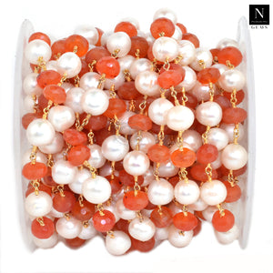 Carnelian With Pearl Faceted Large Beads 7-8mm Gold Plated Rosary Chain