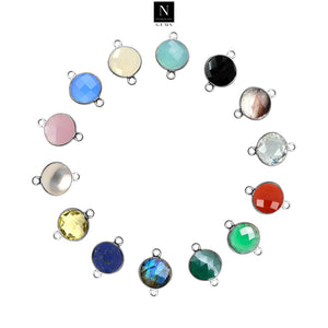 10pc Set Round Double Birthstone Double Bail Silver Plated Bezel Link Gemstone Connectors 10mm