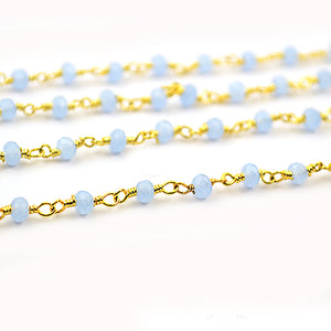 5ft Aqua Chalcedony 3-3.5mm Gold Wire Wrapped Beads Rosary | Gemstone Rosary Chain | Wholesale Chain Faceted Crystal