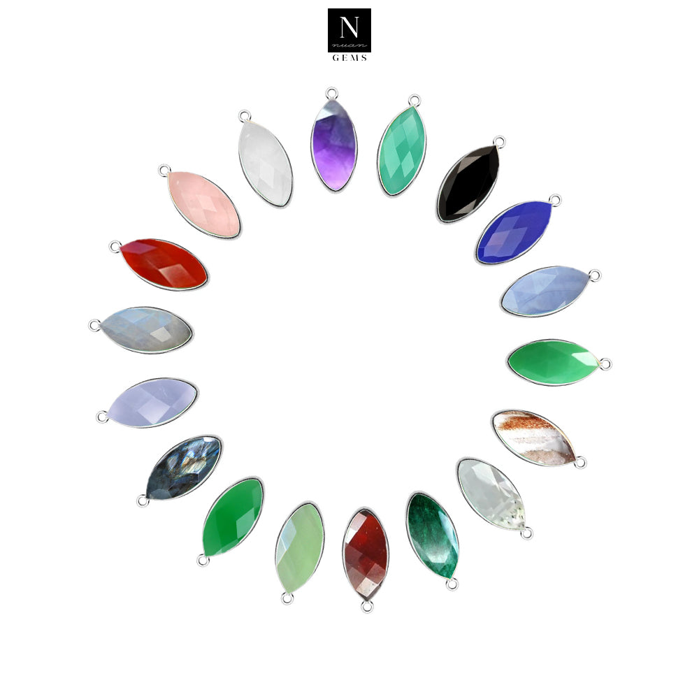 10pc Set Marquise Shape Birthstone Single Bail Silver Plated Bezel Link Gemstone Connectors 8X16mm
