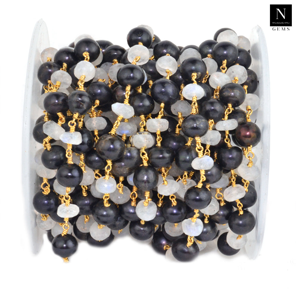 Rainbow With Black Pearl Faceted Large Beads 7-8mm Gold Plated Rosary Chain