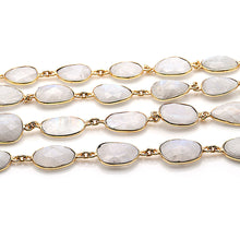 Load image into Gallery viewer, Rainbow Moonstone 10mm Mix Faceted Shape Gold Plated Bezel Continuous Connector Chain
