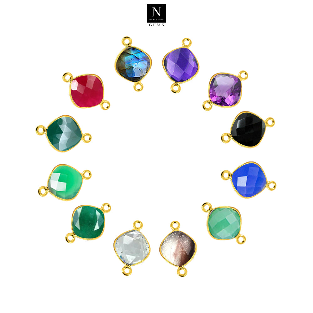 10pc Set Cushion Birthstone Double Bail Gold Plated Bezel Link Gemstone Connectors 16mm