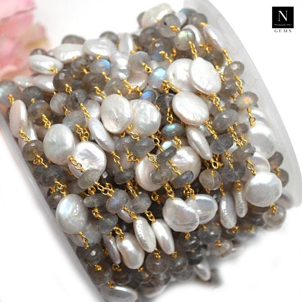 Labradorite With Pearl Faceted Large Beads 7-8mm Gold Plated Rosary Chain
