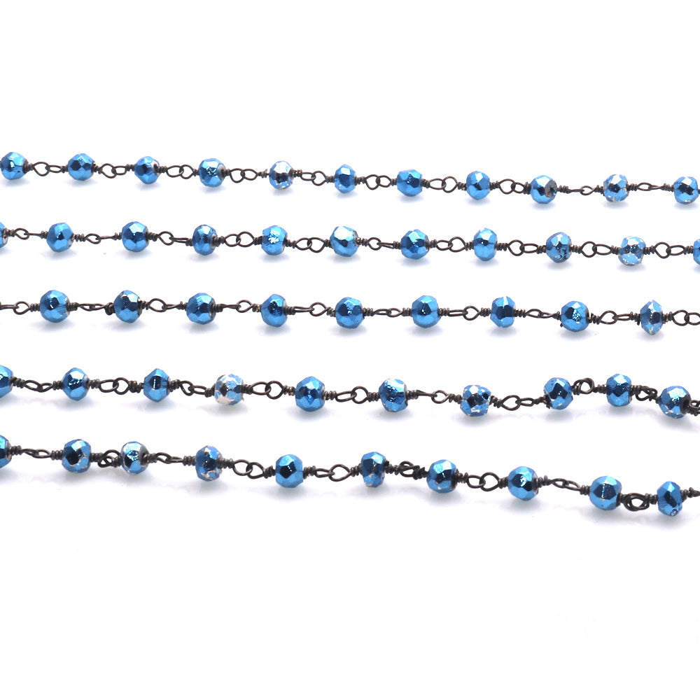 Metallic Blue Pyrite Faceted Bead Rosary Chain 3-3.5mm Oxidized Bead Rosary 5FT