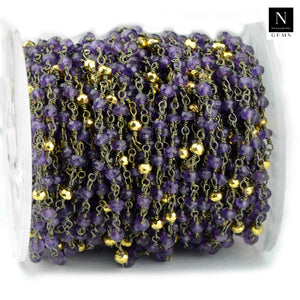 Amethyst & Golden Pyrite Faceted Bead Rosary Chain 3-3.5mm Oxidized Bead Rosary 5FT
