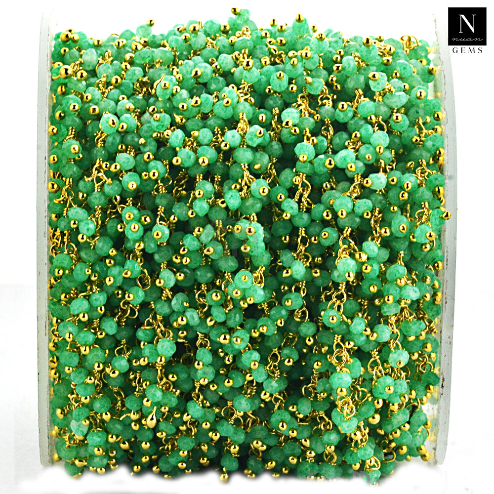 Green Chalcedony Cluster Rosary Chain 2.5-3mm Faceted Gold Plated Dangle Rosary 5FT