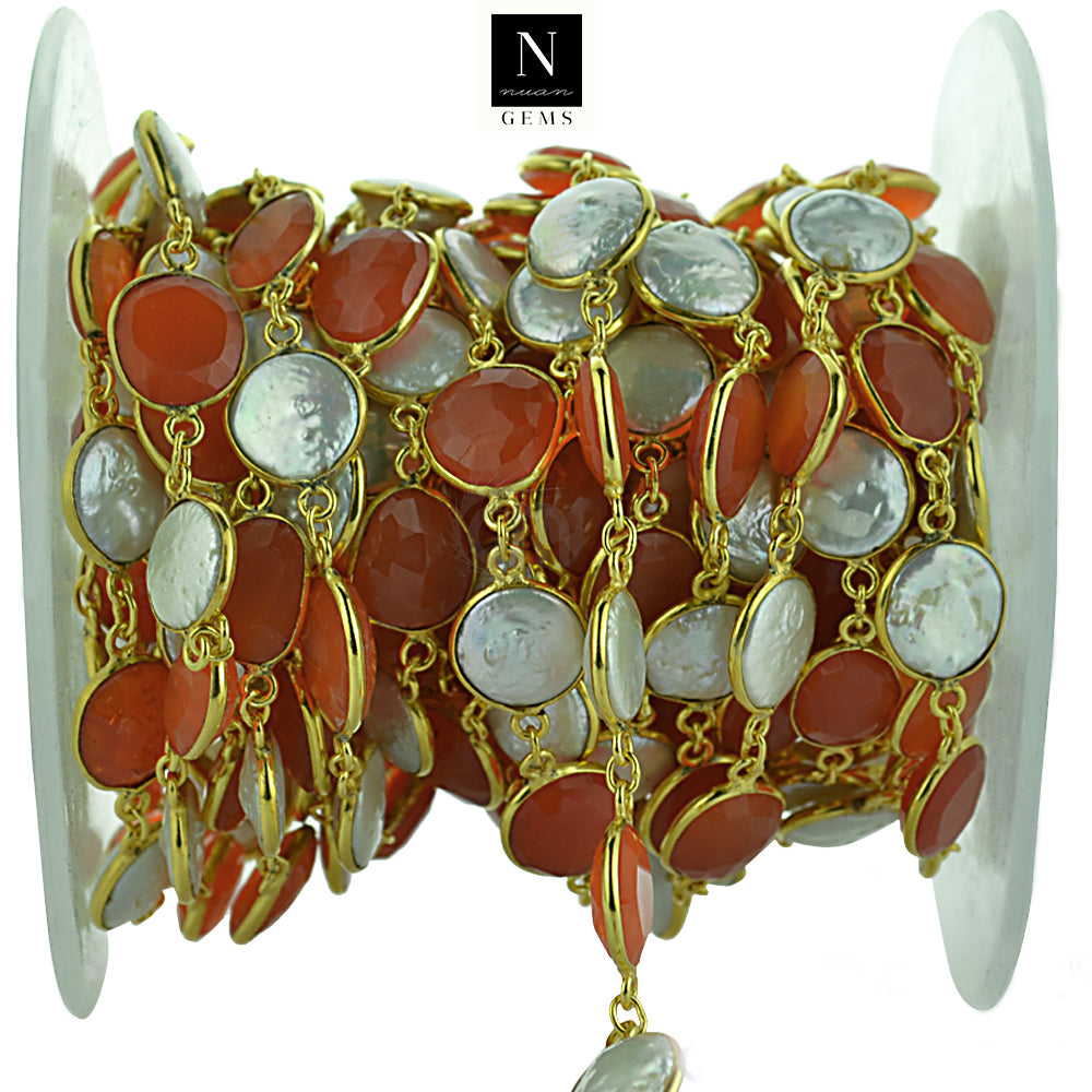 Carnelian with Pearl 10-15mm Round Gold Plated Bezel Continuous Connector Chain