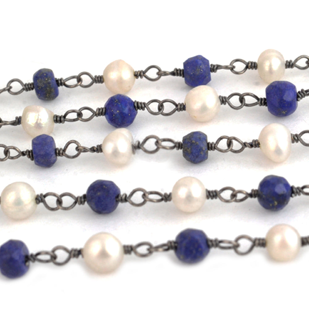 Lapis & Pearl Faceted Bead Rosary Chain 3-3.5mm Oxidized Bead Rosary 5FT