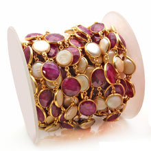 Load image into Gallery viewer, Ruby Coin With Pearl Round 10-15mm Round Gold Plated Bezel Continuous Connector Chain
