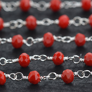 Red Coral Faceted Bead Rosary Chain 3-3.5mm Silver Plated Bead Rosary 5FT