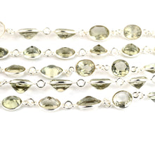 Load image into Gallery viewer, Green Amethyst 10mm Mix Faceted Shape Silver Plated Bezel Continuous Connector Chain

