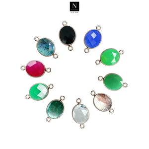 10pc Set Oval Birthstone Double Bail Silver Plated Bezel Link Gemstone Connectors 10x12mm
