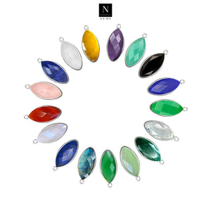 10pc Set Marquise Birthstone Single Bail Silver Plated Bezel Link Gemstone Connectors 10x20mm