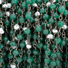 Load image into Gallery viewer, Green Onyx &amp; Silver Pyrite Faceted Bead Rosary Chain 3-3.5mm Oxidized Bead Rosary 5FT
