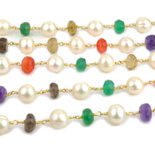 Load image into Gallery viewer, Multi Stone With Pearl Faceted Large Beads 7-8mm Gold Plated Rosary Chain
