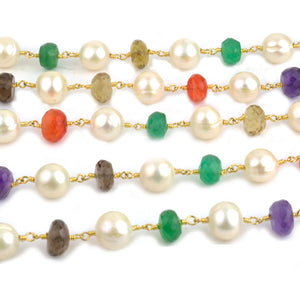 Multi Stone With Pearl Faceted Large Beads 7-8mm Gold Plated Rosary Chain