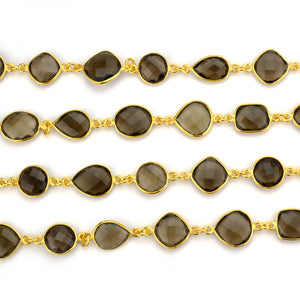 Smokey Topaz 10-15mm Mix Faceted Shape Gold Plated Bezel Continuous Connector Chain