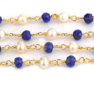 Lapis With Pearl Faceted Bead Rosary Chain 3-3.5mm Gold Plated Bead Rosary 5FT