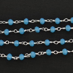 Dyed Aqua Chalcedony Faceted Bead Rosary Chain 3-3.5mm Silver Plated Bead Rosary 5FT