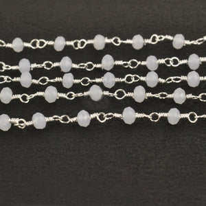 White Chalcedony Faceted Bead Rosary Chain 3-3.5mm Silver Plated Bead Rosary 5FT