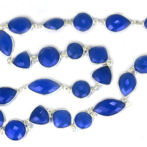 Blue Chalcedony 10-15mm Mix Faceted Shape Silver Plated Bezel Continuous Connector Chain
