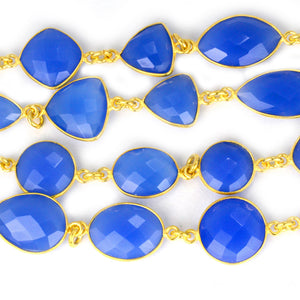 Blue Chalcedony 10-15mm Mix Faceted Shape Gold Plated Bezel Continuous Connector Chain