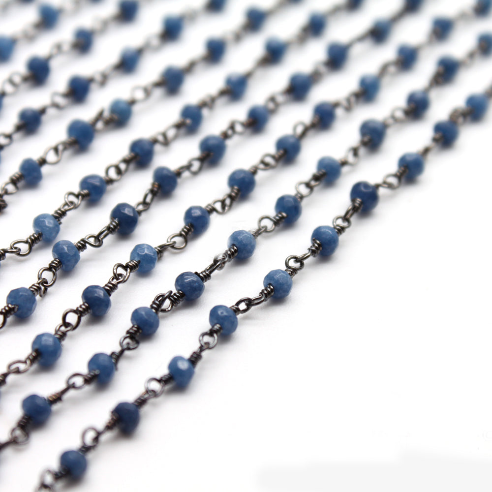 Blue Sapphire Jade Faceted Bead Rosary Chain 3-3.5mm Oxidized Bead Rosary 5FT