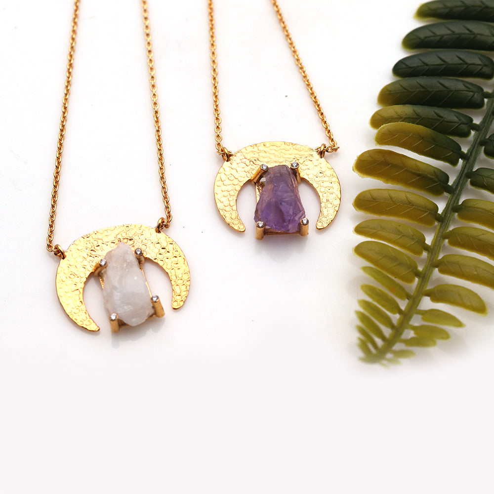 5PC Horn Pendant | Gold Plated Double Bail Raw Crystal Necklace | Women's Pendant Necklace | Gemstone Jewellery