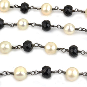 Black Spinel With Pearl Faceted Large Beads 5-6mm Oxidized Rosary Chain