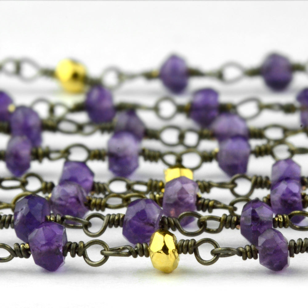 Amethyst & Golden Pyrite Faceted Bead Rosary Chain 3-3.5mm Oxidized Bead Rosary 5FT