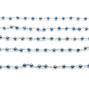 Metallic Blue Ray Pyrite Faceted Bead Rosary Chain 3-3.5mm Silver Plated Bead Rosary 5FT