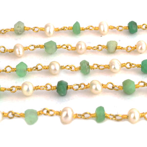 Chrysoprase With Pearl Faceted Bead Rosary Chain 3-3.5mm Gold Plated Bead Rosary 5FT