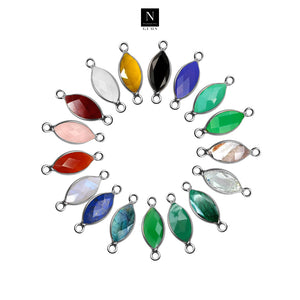 10pc Set Marquise Birthstone Double Bail Silver Plated Bezel Link Gemstone Connectors 10x20mm