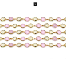 Load image into Gallery viewer, Rose Chalcedony With Lemon Topaz 10mm Mix Faceted Shape Gold Plated Bezel Continuous Connector Chain

