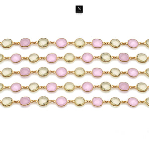 Rose Chalcedony With Lemon Topaz 10mm Mix Faceted Shape Gold Plated Bezel Continuous Connector Chain