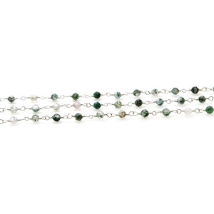 Moss Agate Faceted Bead Rosary Chain 3-3.5mm Silver Plated Bead Rosary 5FT