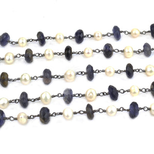 Iolite 7-8mm With Pearl 5-6mm Faceted Large Beads Oxidized Rosary Chain
