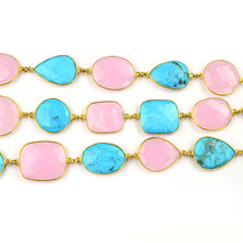 Load image into Gallery viewer, Rose Chalcedony With Turquoise 15mm Mix Shape Gold Plated Wholesale Connector Rosary Chain
