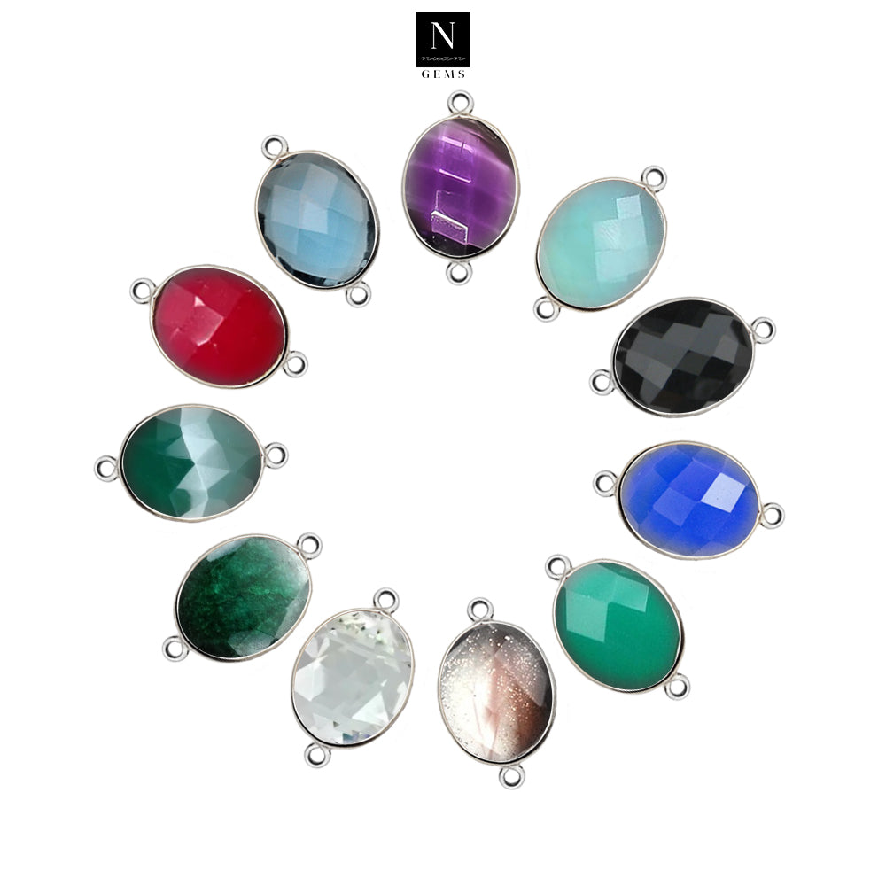 10pc Set Oval Birthstone Double Bail Silver Plated Bezel Link Gemstone Connectors 9x11mm