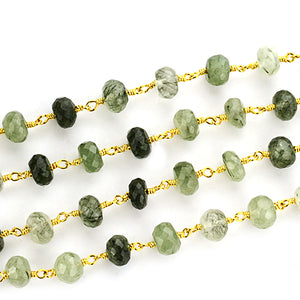 Green Rutilated Faceted Large Beads 7-8mm Gold Plated Rosary Chain