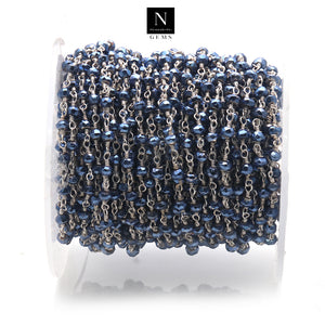 Metallic Blue Ray Pyrite Silver Faceted Bead Rosary Chain 3-3.5mm Silver Plated Bead Rosary 5FT