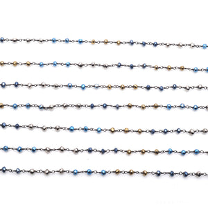 Metallic Blue Ray Pyrite & Metallic Golden Faceted Bead Rosary Chain 3-3.5mm Oxidized Bead Rosary 5FT