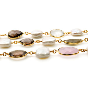 Mult Color With Pearl 10-15mm Mix Faceted Shape Gold Plated Bezel Continuous Connector Chain