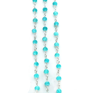 Dark Aqua Chalcedony Faceted Bead Rosary Chain 3-3.5mm Silver Plated Bead Rosary 5FT