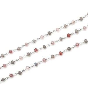Labradorite & Strawberry Quartz Faceted Bead Rosary Chain 3-3.5mm Silver Plated Bead Rosary 5FT