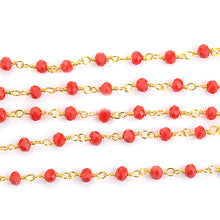 Load image into Gallery viewer, Red Coral Faceted Bead Rosary Chain 3-3.5mm Gold Plated Bead Rosary 5FT
