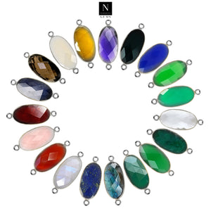 10pc Set Oval Birthstone Double Bail Silver Plated Bezel Link Gemstone Connectors 10x20mm